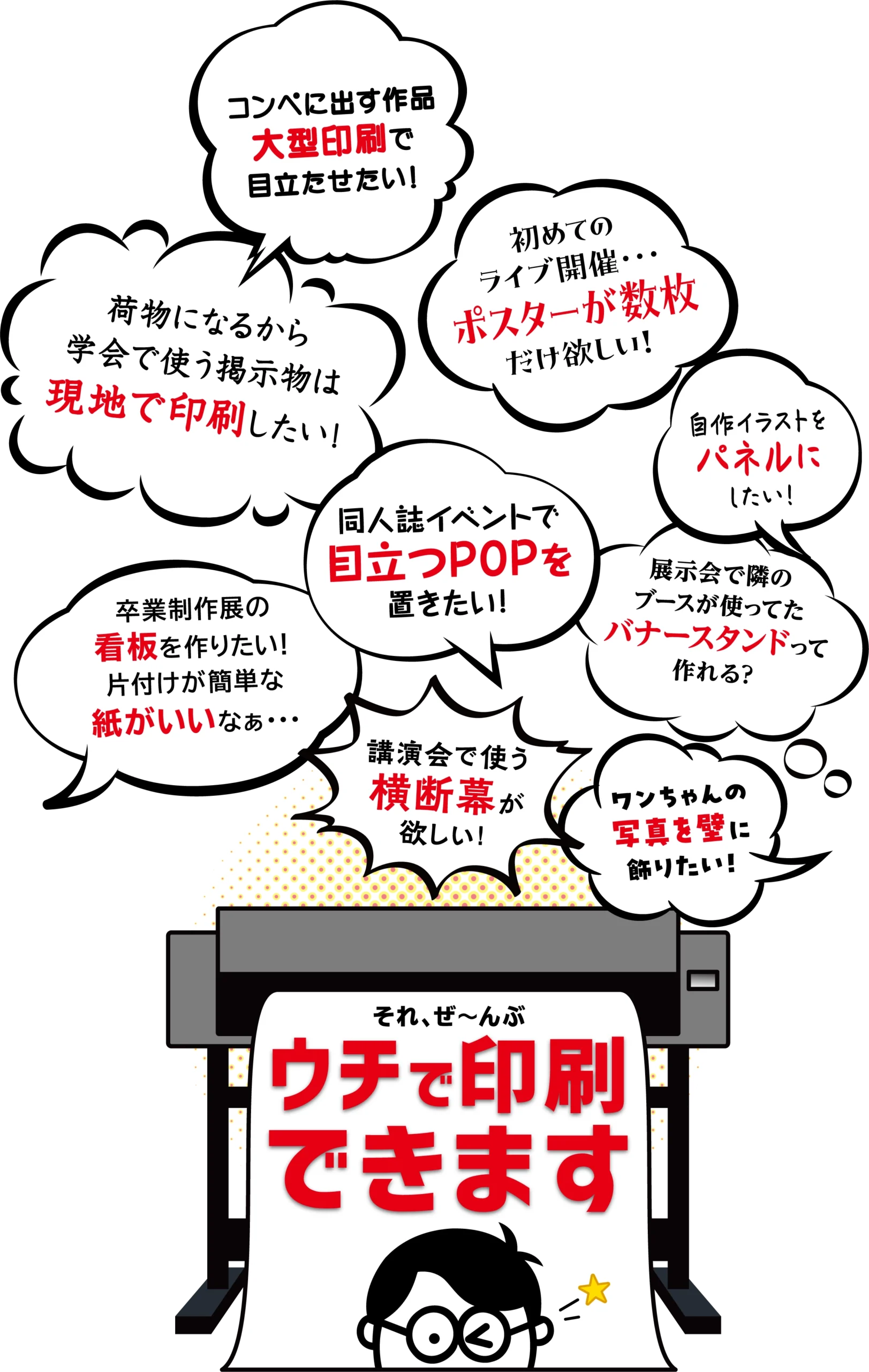コンペに出す作品大型印刷で目立たせたい!荷物になるから学会で使う系事物は現地で印刷したい!初めてのライブ開催…ポスターが数枚だけ欲しい!自作イラストをパネルにしたい!同人誌イベントで目立つPOPを置きたい!展示会で隣のブースが使ってたバナースタンドって作れる?卒業制作点の看板を作りたい!片づけが簡単な紙がいいなぁ…、講演会で使う横断幕が欲しい!ワンちゃんのネコちゃんの写真を壁に飾りたい!それ、ぜ〜んぶ内で印刷できます!